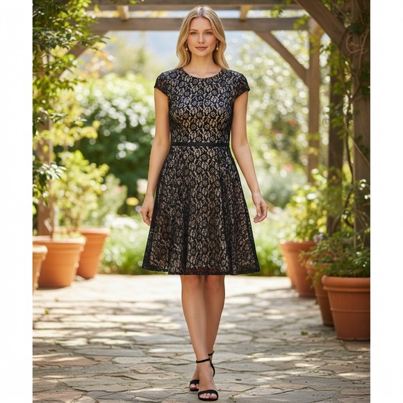 R&K Dresses & Skirts - R&K‎ Black Floral Lace Tan Lined Cap Sleeve Dress Size 18 Has Pockets